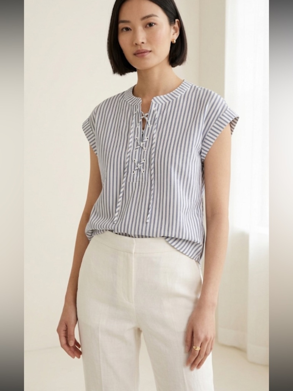 J CREW Lace-Up Popover In Stripe Size 00
